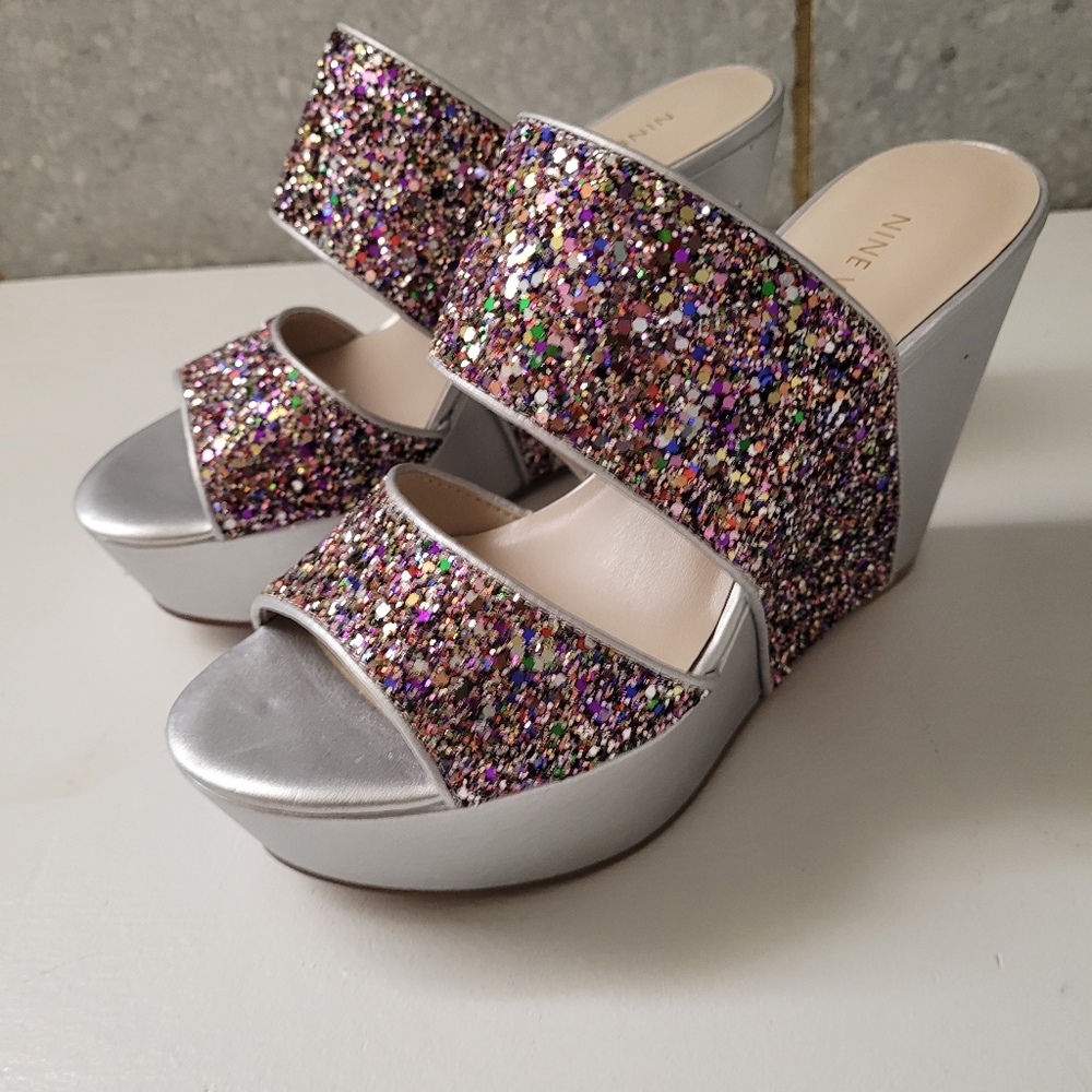 Silver multicolor glitter Nine West slides